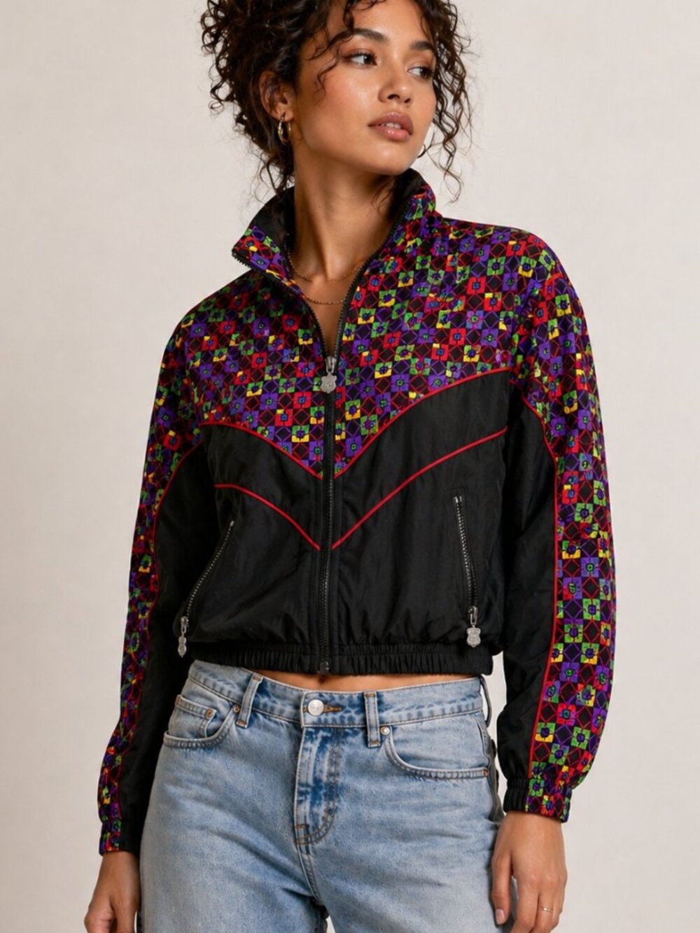 Vintage Kaelin 90s Windbreaker Petite S Black Neon Geometric Retro